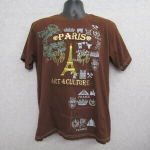Mens Large Brown Short Sleeve Crew Neck Pullover Graphic Print Shirt Preppy